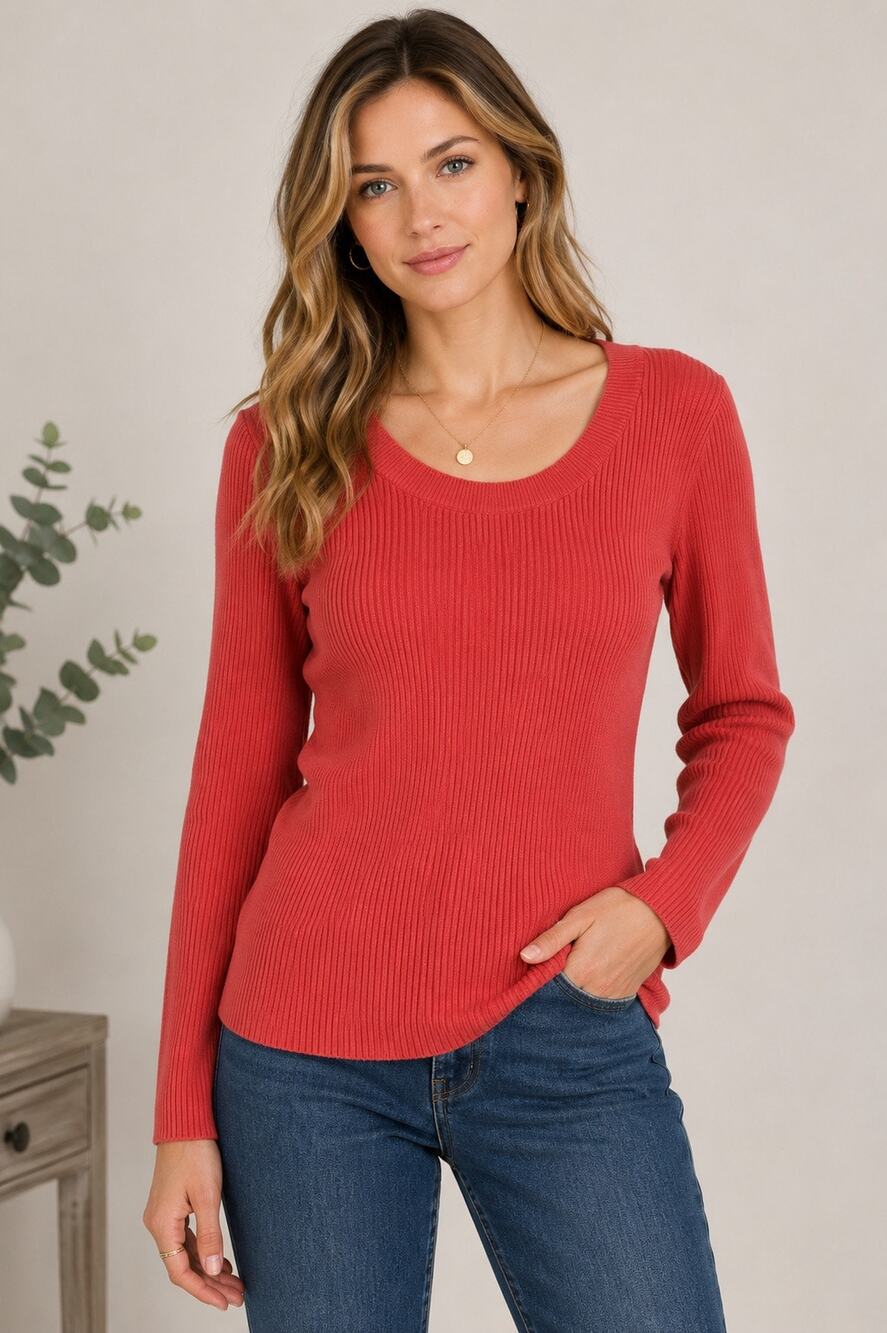 Liz & Co Coral Ribbed Scoop Neck Sweater | Long Sleeve | Classic Preppy | Size L